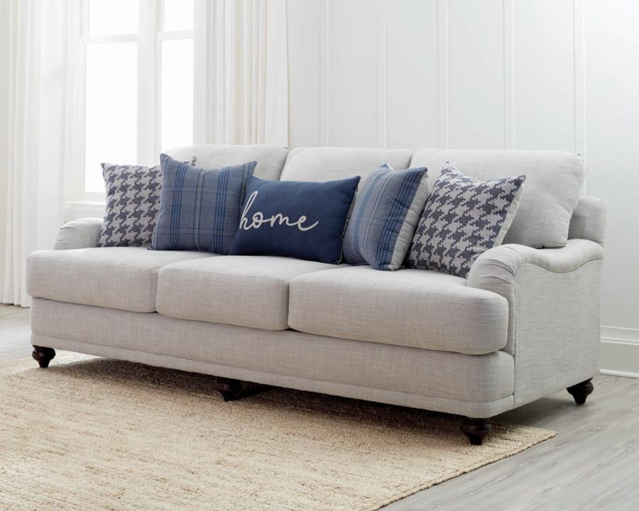 Glenn Upholstered English Arm Sofa – Light Gray Linen-Like Fabric with Blue Accent Pillows, Turned Legs, Reversible Cushions, Farmhouse Style