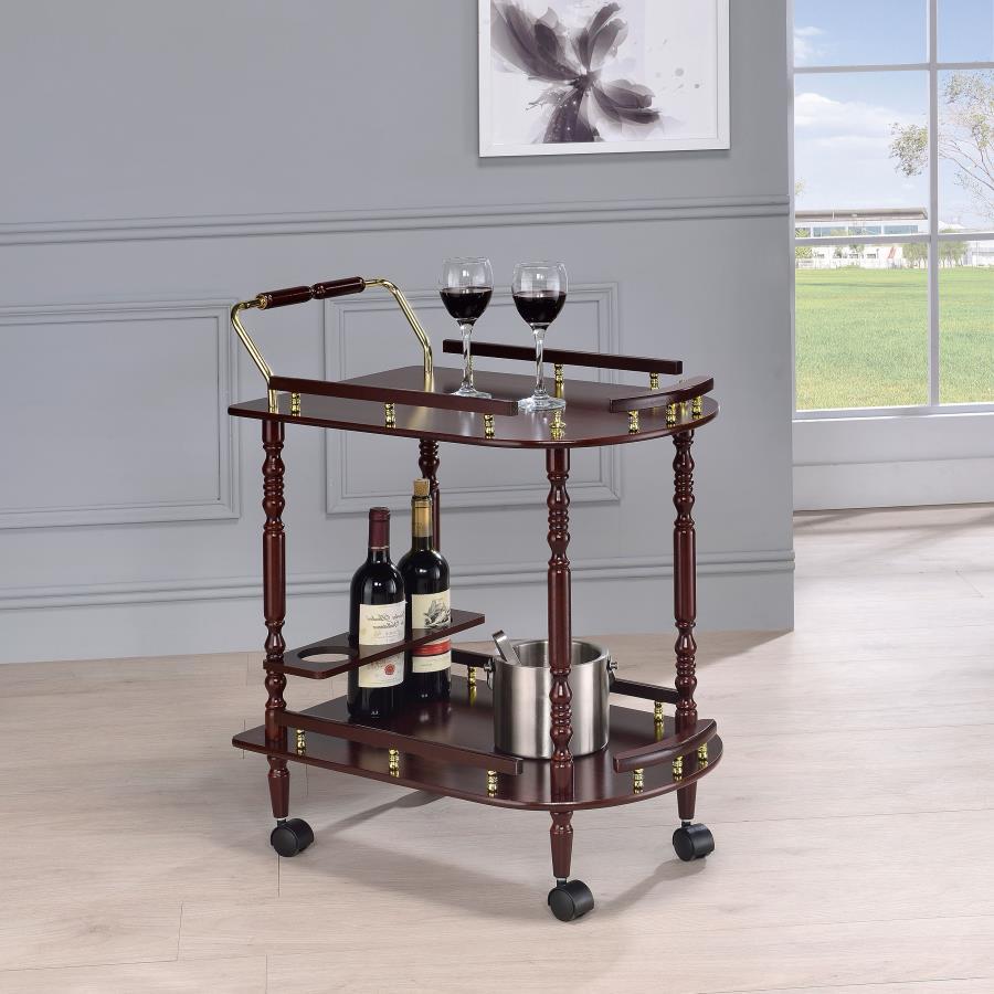 Palmer 2-Tier Rectangular Wood Bar Cart in Merlot – Traditional Style with Bottle Holder, Spacious Shelves & Brash-Finish Metal Accents