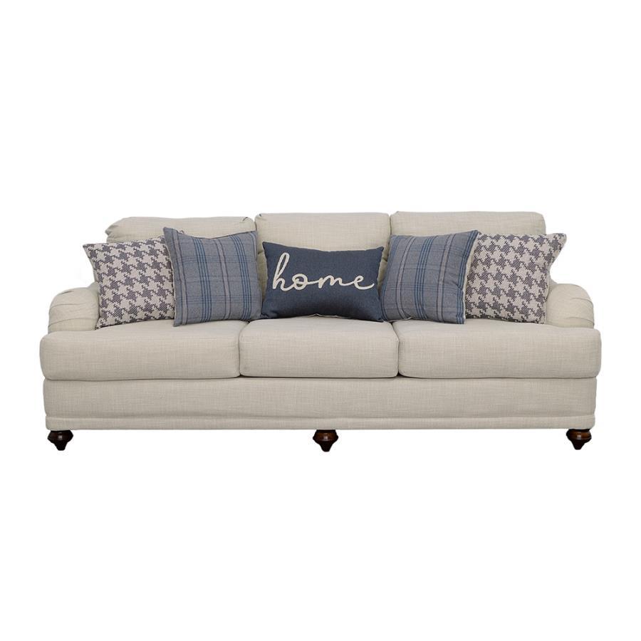 Glenn Upholstered English Arm Sofa – Light Gray Linen-Like Fabric with Blue Accent Pillows, Turned Legs, Reversible Cushions, Farmhouse Style