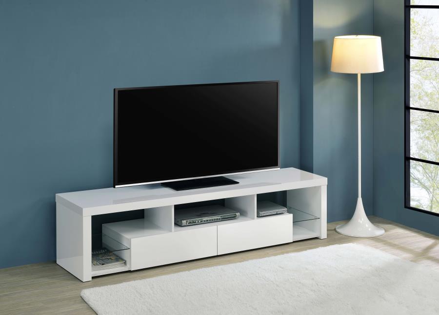 Jude 2-Drawer TV Stand in High Gloss White – Modern Engineered Wood Media Console with Glass Shelves, Soft-Close Drawers & Ample Storage