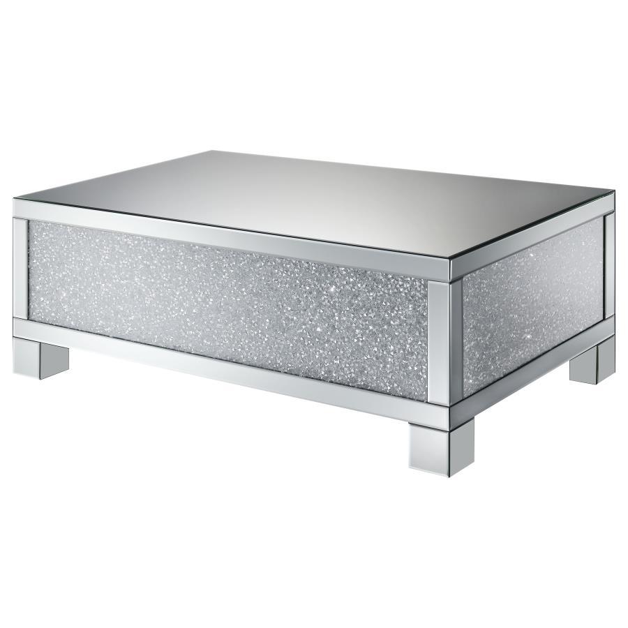 Gillian Rectangular Mirrored Acrylic Coffee Table – Silver with Crystal Accents, Glamorous Modern Design, Engineered Wood Frame