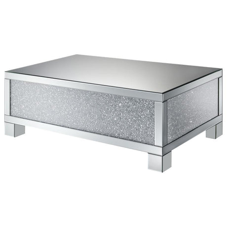 Gillian Rectangular Mirrored Acrylic Coffee Table – Silver with Crystal Accents, Glamorous Modern Design, Engineered Wood Frame