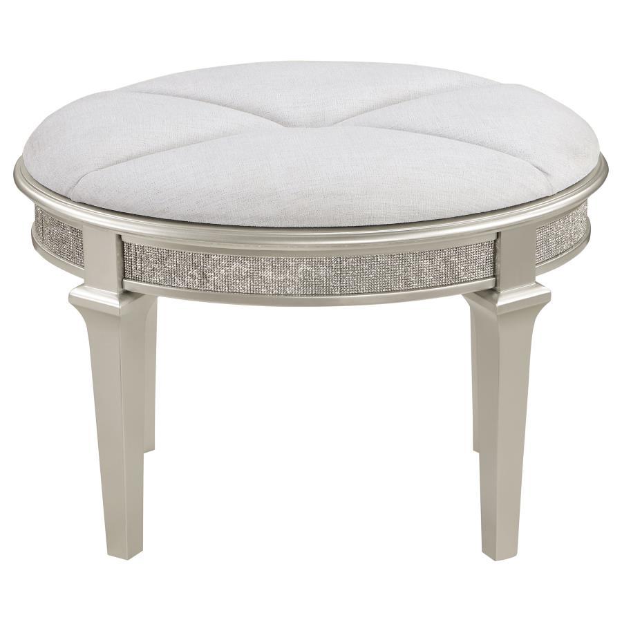 Evangeline Upholstered Oval Vanity Stool in Silver Oak and Ivory – Glam Chenille Seat with Glitter Trim, Tapered Legs & Elegant Backless Design