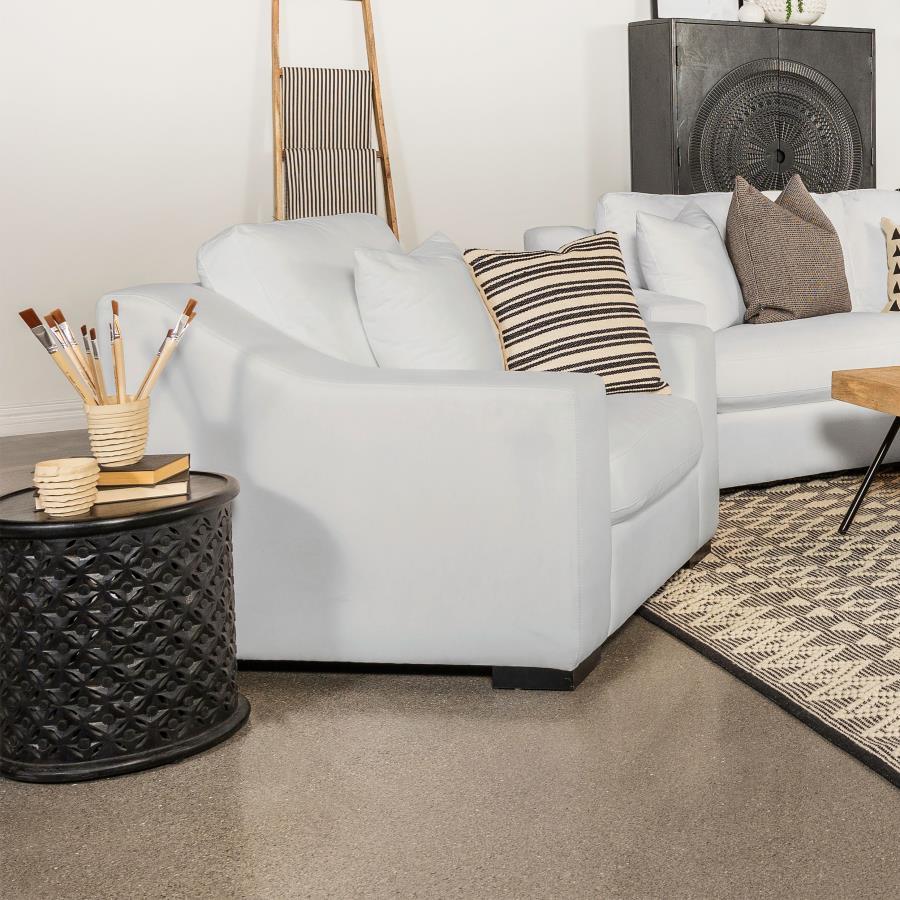 Ashlyn Upholstered Sloped Arm Accent Chair – White Trillium Fabric with Reversible Cushions & Cappuccino Finish Block Legs