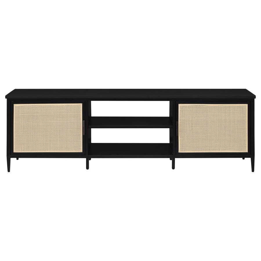 Amherst 70" 2-Door Metal TV Stand Media Console - Black | Modern Design with Rattan Front Doors, Open Shelving for Electronics & Cable Management