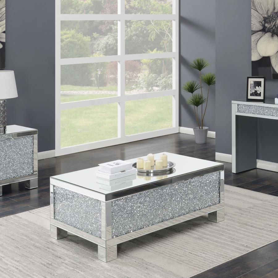 Gillian Rectangular Mirrored Acrylic Coffee Table – Silver with Crystal Accents, Glamorous Modern Design, Engineered Wood Frame