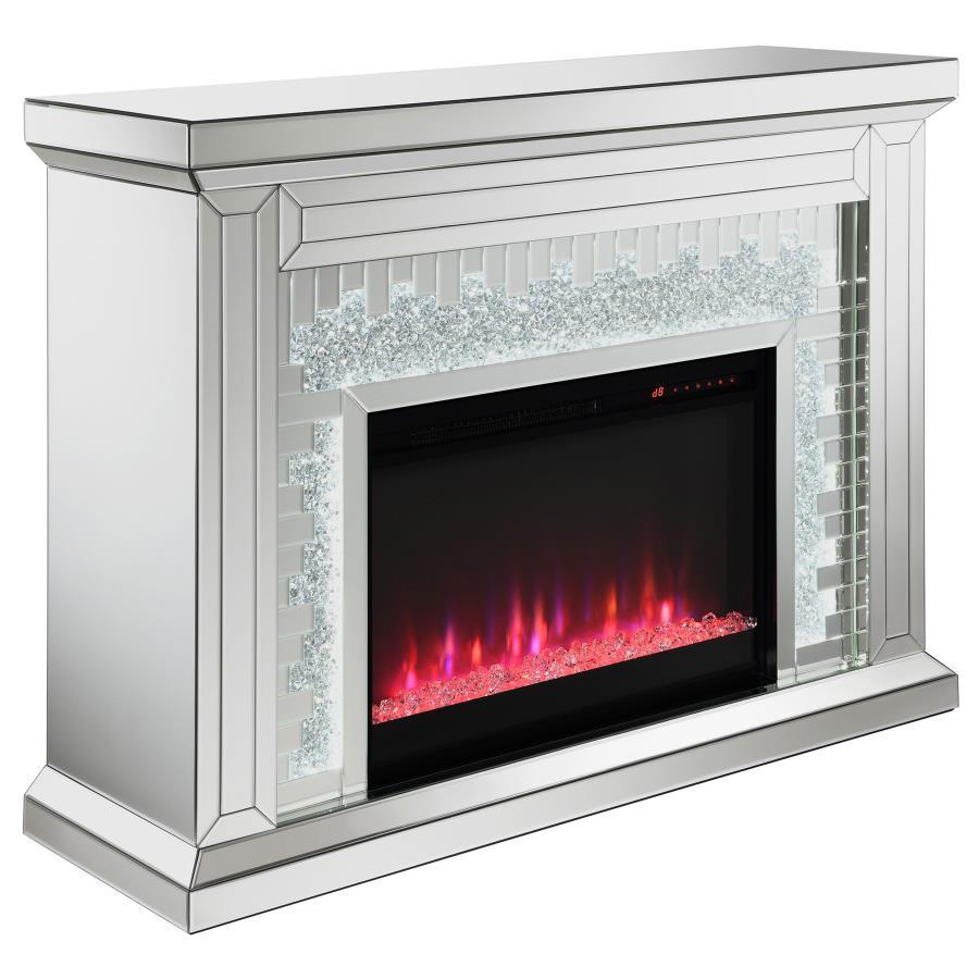 Gilmore Mirrored Freestanding Electric Fireplace – Silver Crystal Accent Modern Fireplace with Beveled Mirror Trim, Mantle, Remote, and Optional Heating