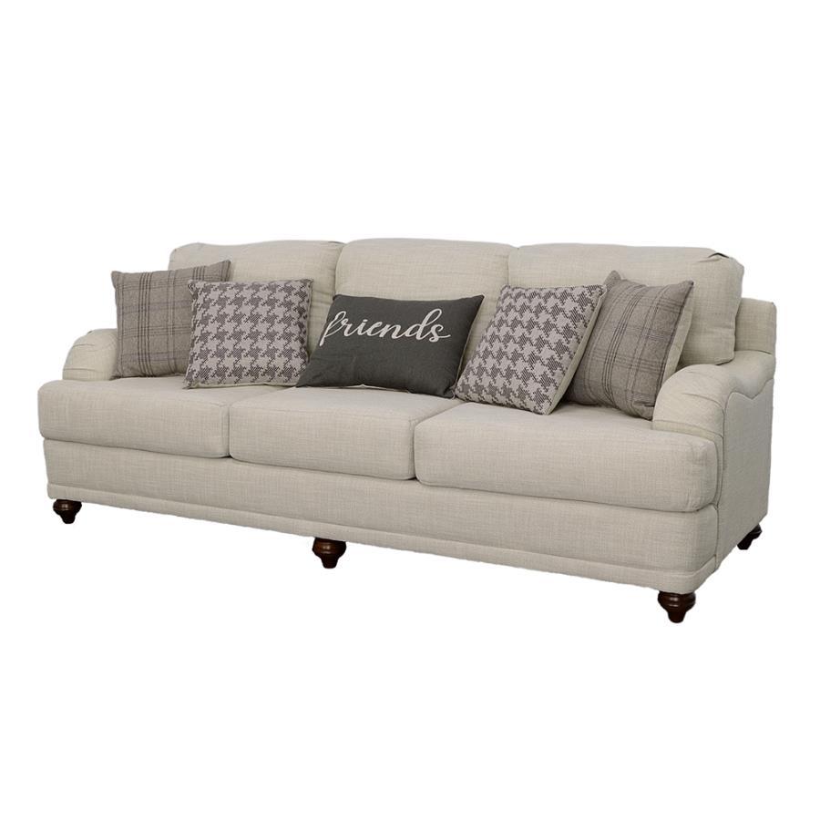 Glenn Modern Farmhouse Upholstered English Arm Sofa with Reversible Cushions, Accent Pillows, Contoured Arms, Bun Legs, Neutral Light Gray Fabric