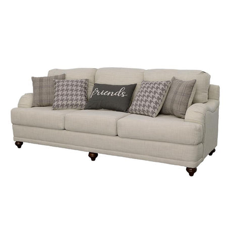 Glenn Modern Farmhouse Upholstered English Arm Sofa with Reversible Cushions, Accent Pillows, Contoured Arms, Bun Legs, Neutral Light Gray Fabric