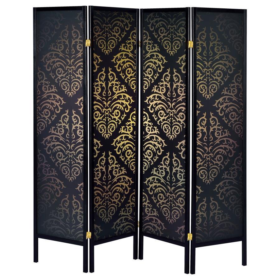 Haidera 4-Panel Folding Room Divider Screen Black Damask – Decorative Privacy Screen for Living Room, Bedroom, Office, or Studio