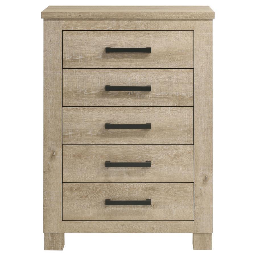 Oakglen 5-Drawer Bedroom Chest Of Drawers in Weathered Oak – Rustic & Compact Vertical Storage with Smooth-Glide Drawers and Modern Transitional Style