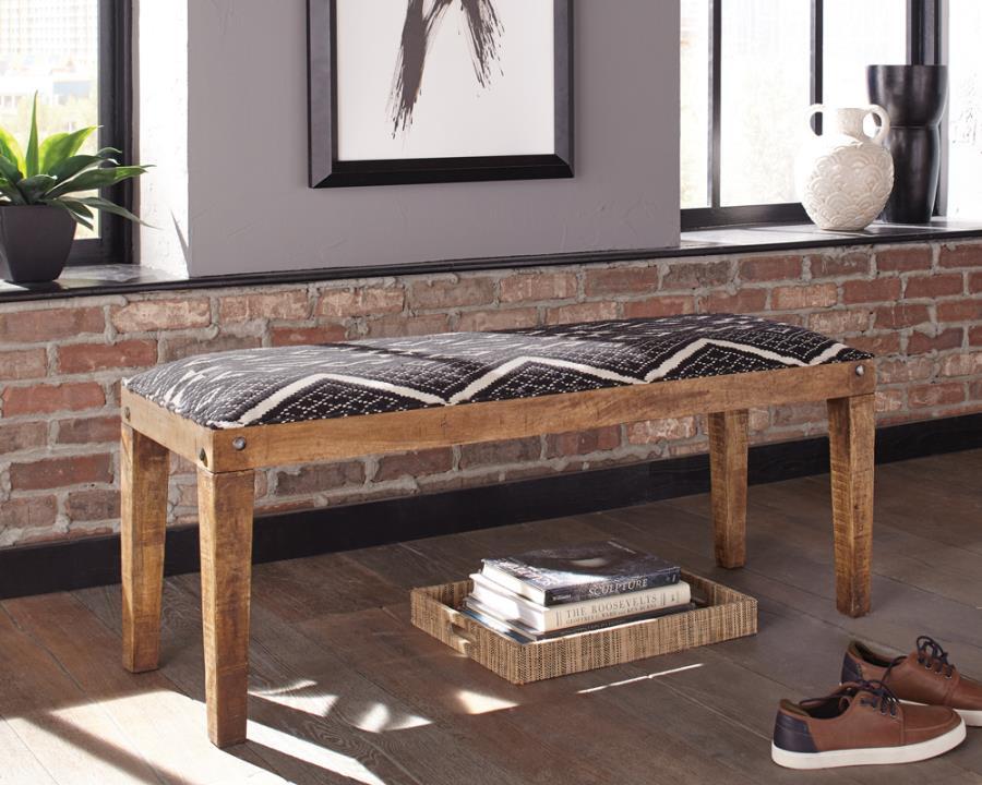 Lamont Fabric Upholstered Accent Bench in Black and Natural – Modern Rustic Mango Wood Frame with Geometric Cushion, Nailhead Detailing & Scandinavian Design