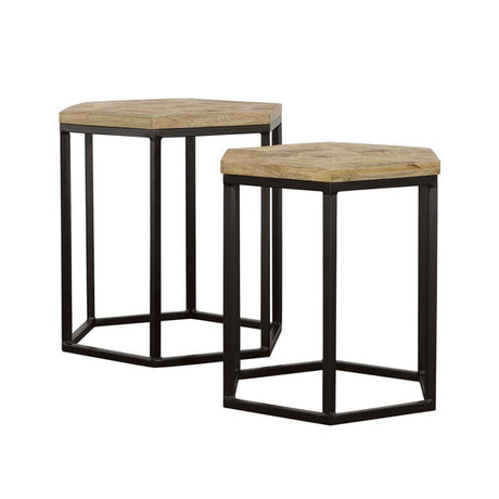 Adger 2-Piece Hexagonal Nesting Tables – Solid Mango Wood Tops, Black Metal Frames, Modern Industrial Accent Tables for Living Room or Lounge
