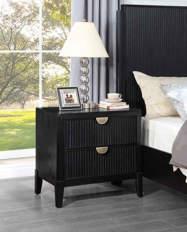 Brookmead 2-Drawer Nightstand – Modern Black Bedroom Accent with Felt-Lined Drawers, Fluted Design, and Elegant Metallic Half-Moon Pulls