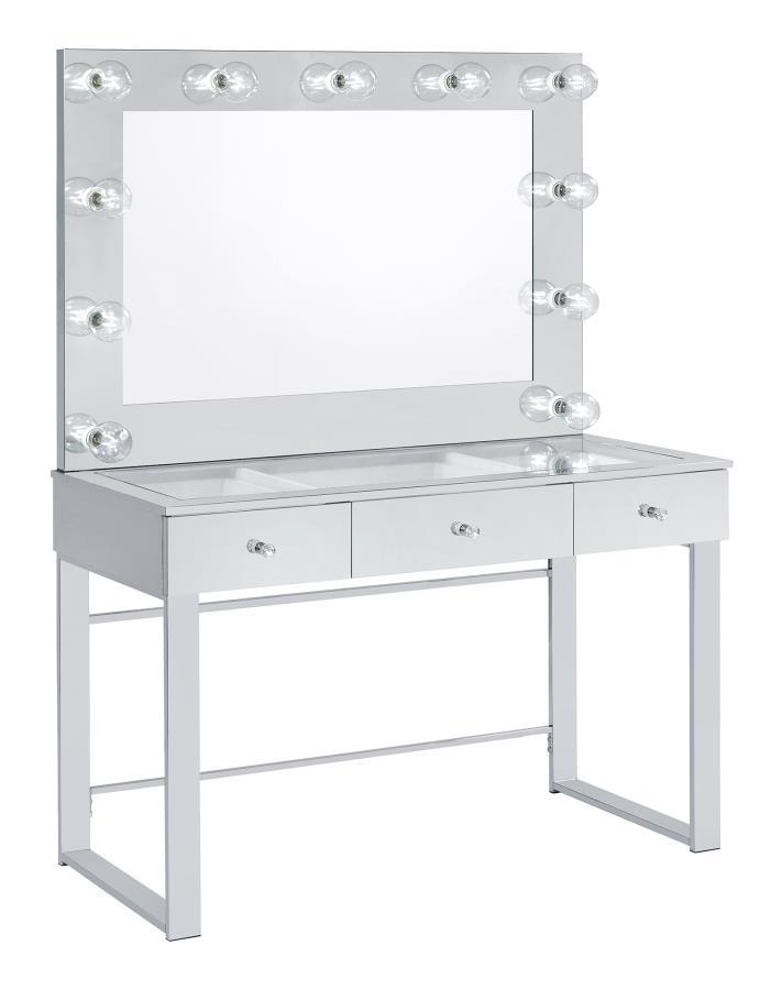 Umbridge 3-Drawer Vanity Set With Lighting – Chrome Frame & White Finish Makeup Table with Mirror, LED Lights, and Storage Drawers for Bedroom
