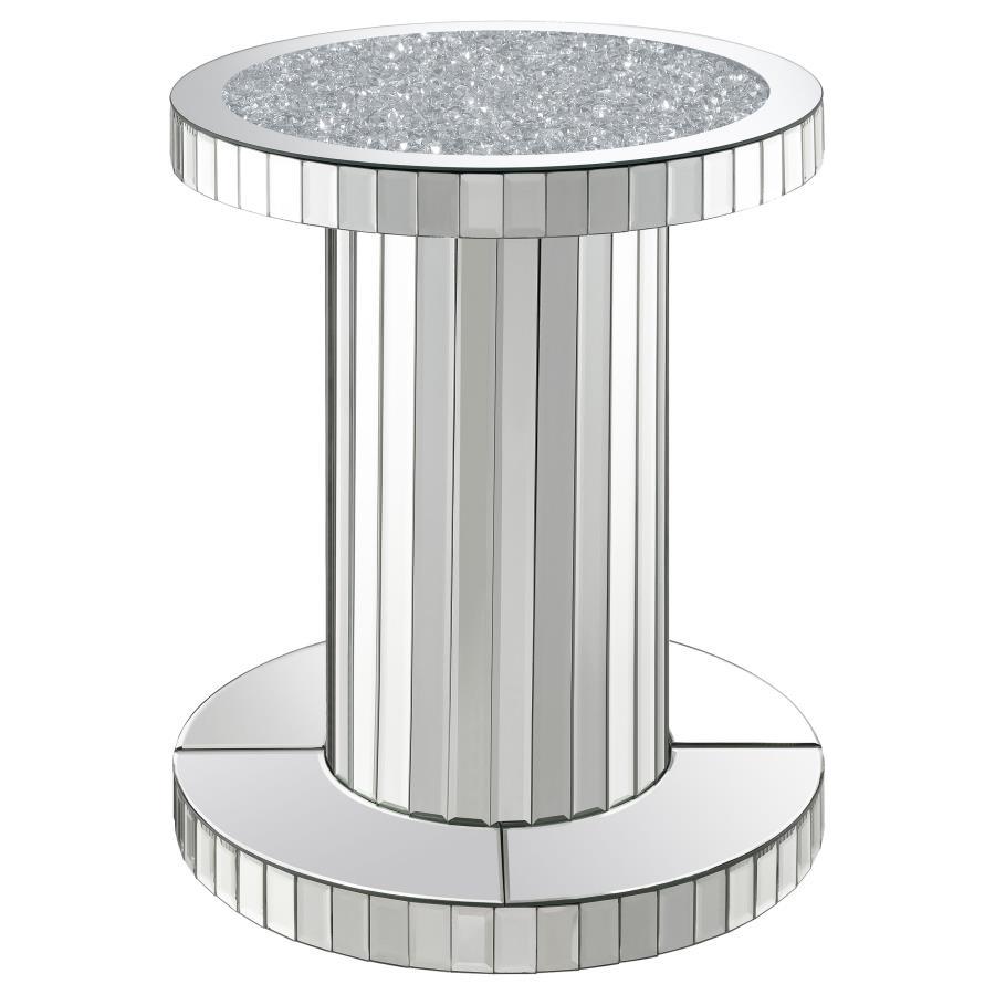 Dorielle Round Mirrored Acrylic Crystal Side Table – Silver Glam Accent Pedestal Table for Living Room, Bedroom, or Luxe Contemporary Spaces