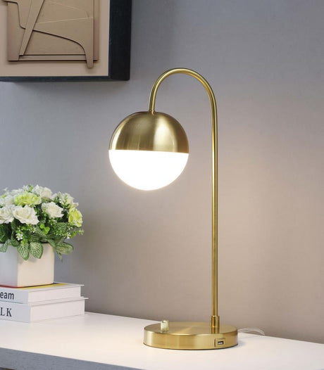 Merrick Spherical Arched Bedside Table Lamp – Vintage-Inspired Gold Finish with White Glass Globe, Slim J-Hook Arm, Round Base, and Built-In USB