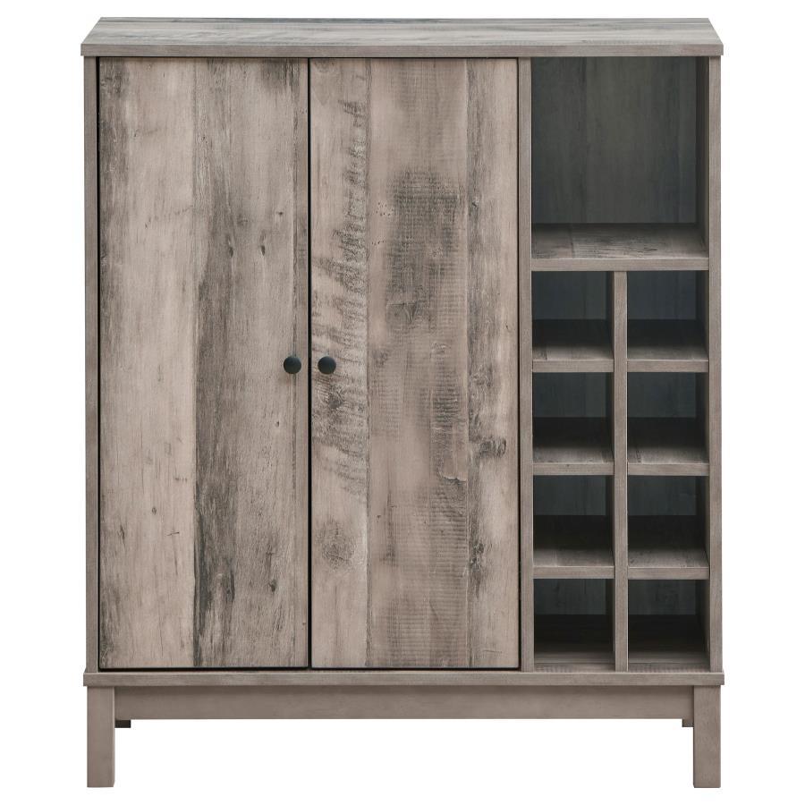 Cheyenne 2-Door Home Bar Wine Cabinet – Weathered Acacia Finish with Stemware Racks, Bottle Storage, Shelves, and Modern Farmhouse Style