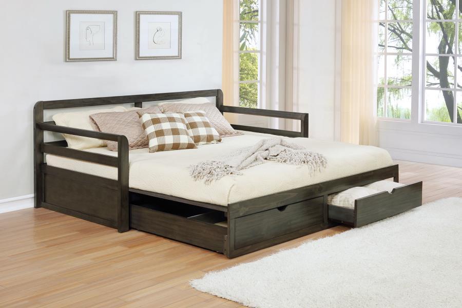 Sorrento 2-Drawer Twin Long Daybed with Extension Trundle – Gray Wood Daybed with Storage Drawers, Pull-Out Sleeper for Guests, and Space-Saving Design