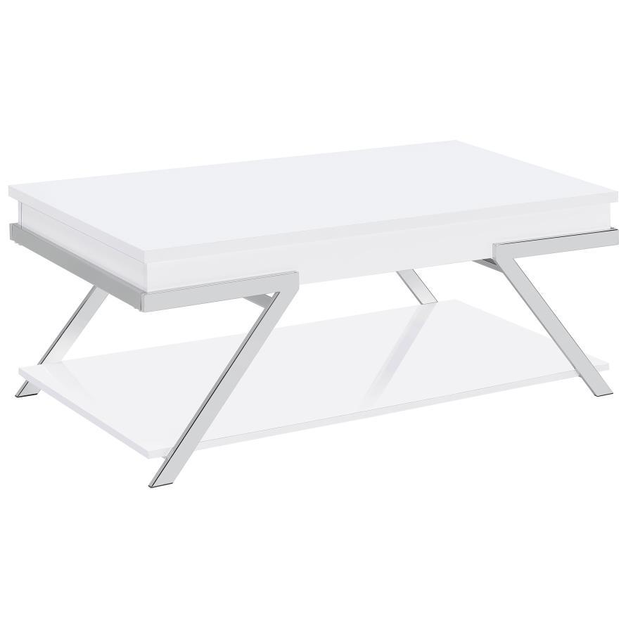 Marcia Rectangular Lift Top Coffee Table – White High Gloss Finish with Hidden Storage, Modern Metal Frame, Contemporary Living Room Furniture