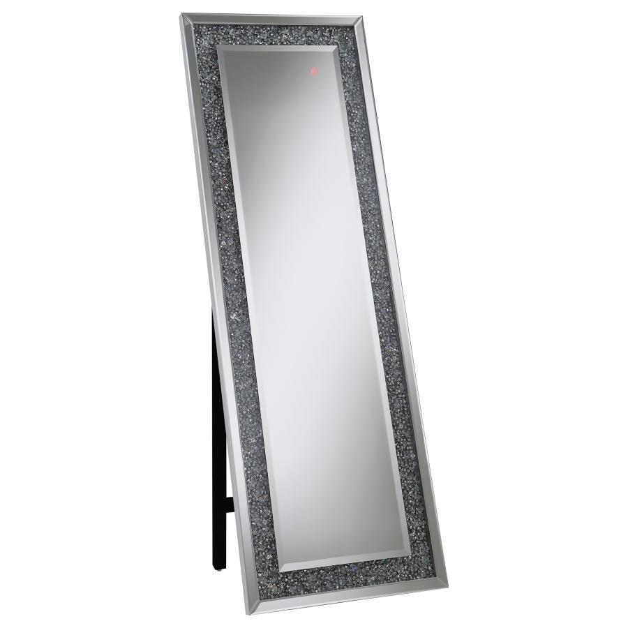 Carisi Crystal Acrylic Standing Mirror – Silver Frame with LED Lighting, 21.75"W x 25.5"D x 61.25"H, Modern Full-Length Accent for Bedroom or Foyer