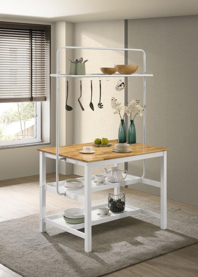 Edgeworth Kitchen Island Counter Table with Pot Rack – White Base, Natural Butcher Block Top, Two Storage Shelves, 7-Hook Hanging Rack, Farmhouse Style