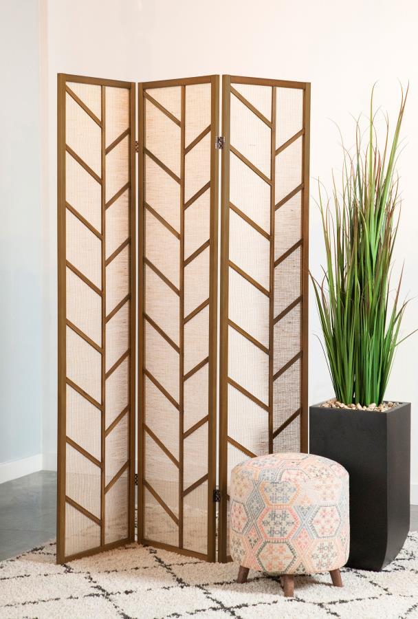 Mila 3-Panel Folding Shoji Screen Room Divider in Walnut – Rustic Pine Wood Frame with Semi-Translucent Jute Linen Panels for Farmhouse & Modern Spaces