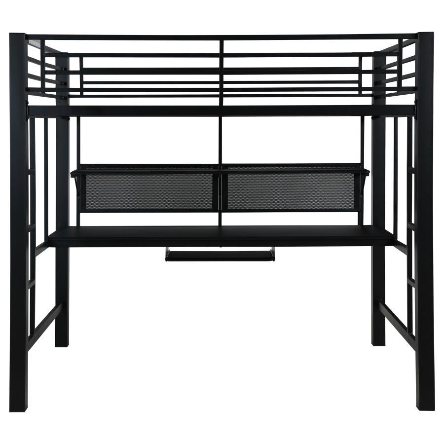Avalon Full Workstation Loft Bed – Black Metal Frame, Desk with Keyboard Tray, Storage Shelf, Space-Saving Design, Modern Home Office & Bedroom