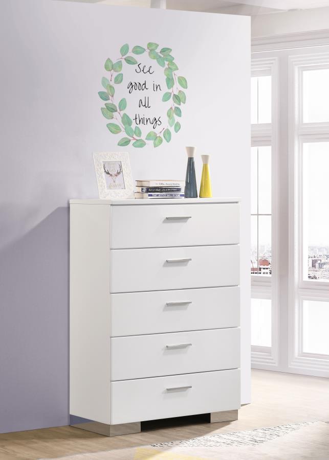 Felicity 5-Drawer Bedroom Chest – White High Gloss Modern Storage Dresser with Chrome Handles & Feet, Smooth-Glide Drawers, Sturdy Wooden Construction