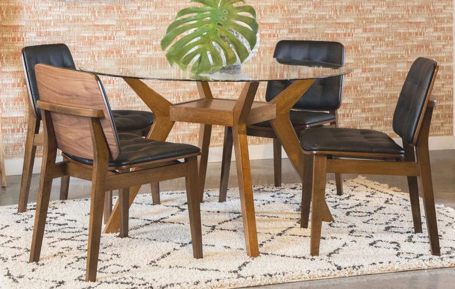 Paxton 5-Piece Round Glass Top Dining Table Set – Tufted Leatherette Chairs, V-Shaped Nutmeg Wood Base, Mid-Century Modern Style for 4