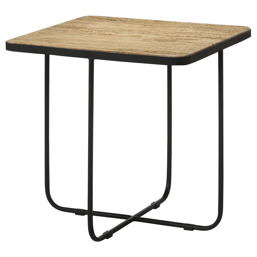 Elyna Square Stone Top Accent Side Table – Beige Travertine Top, Matte Black Iron Base, Modern Geometric Design, Versatile Living Room or Bedroom Table