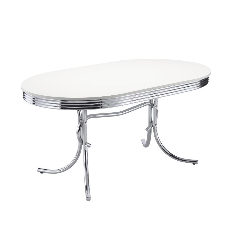Retro Oval Wood Top Dining Table – White and Chrome Finish, Mid-Century Diner Style with Curved Chrome Legs for Stylish and Durable Dining