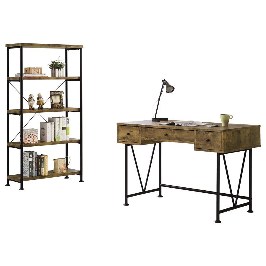 Analiese 2-Piece Computer Desk and Bookcase Set – Rustic Nutmeg Finish with Black Metal Frame, 3-Drawer Desk and 4-Shelf Bookshelf for Home Office