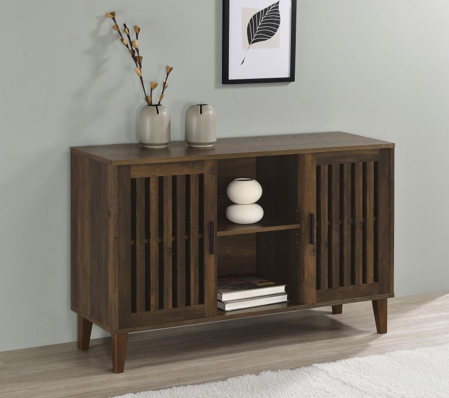 Torin 2-Door Engineered Wood Accent Cabinet – Dark Pine Finish, Rustic Farmhouse Style, Slatted Panel Doors, Tapered Legs, Spacious Storage