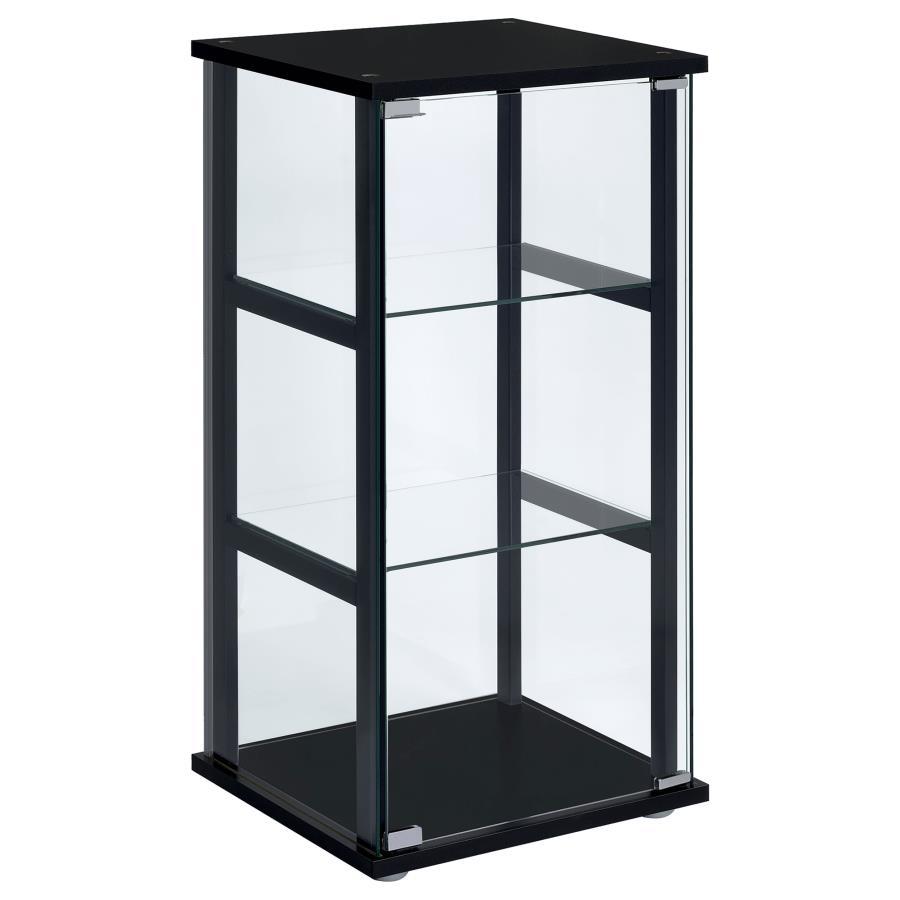 Cyclamen 3-Shelf Clear Glass Curio Display Cabinet in Black – Modern Tempered Glass Shelving with Push-to-Open Doors for Elegant Home Decor