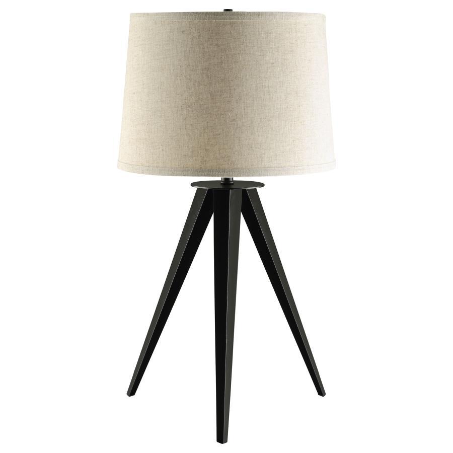 Sabat - Empire Shade Tripod Table Lamp in Black – Modern Minimalist Design with Gray Fabric Drum Shade, Three-Leg Base, Ideal for Bedside or Accent Tables