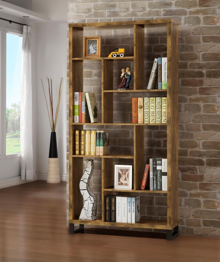 Delwin 6-Shelf Bookshelf – Rustic Nutmeg Finish with Antique Black Accents, Versatile Square and Rectangular Shelves for Books, Décor, and Plants
