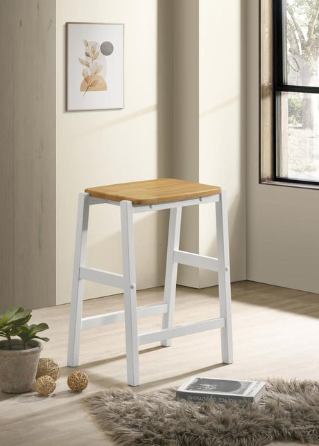 Edgeworth Backless Wood Counter Stool Set of 2 in White – Modern Farmhouse Design with Sawhorse Legs, Stretcher Footrest & Casual Seating