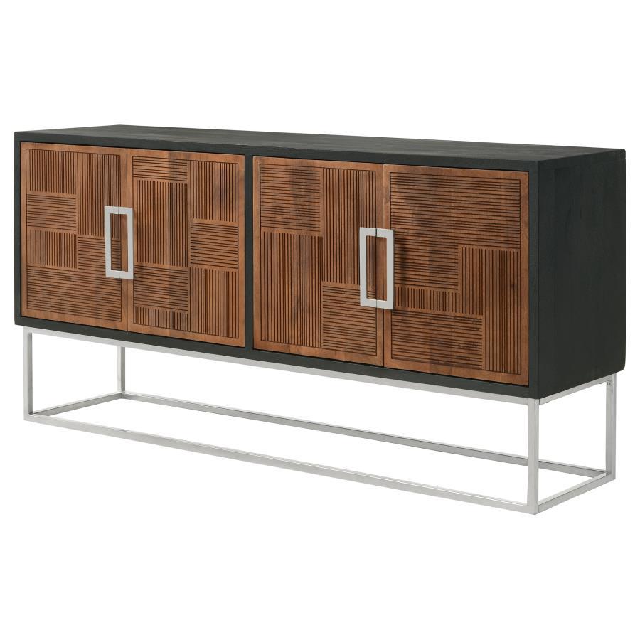 Borman 4-Door Wood Accent Cabinet – Walnut Front Panels with Black Case, Asian-Inspired Design, Iron Frame, Storage Cabinet for Dining Room & Living Room