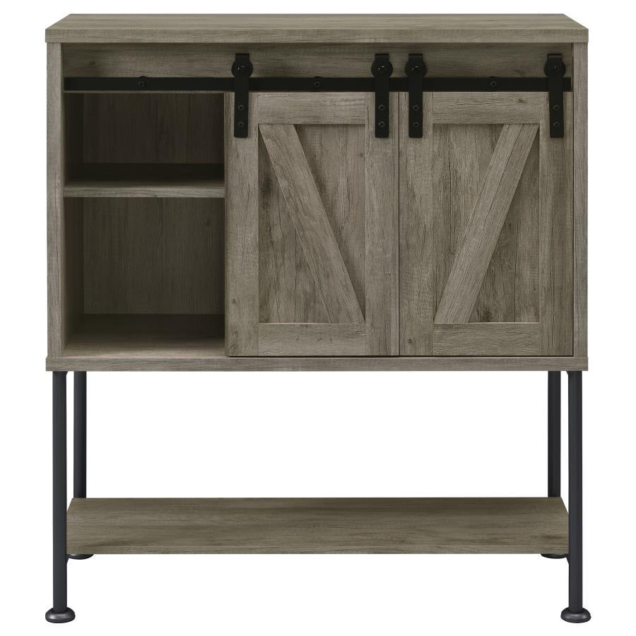 Claremont Sliding Door Home Bar Wine Cabinet – Gray Driftwood Finish with Stemware Rack, Adjustable Shelves, Wine Storage, and Rustic Farmhouse Charm