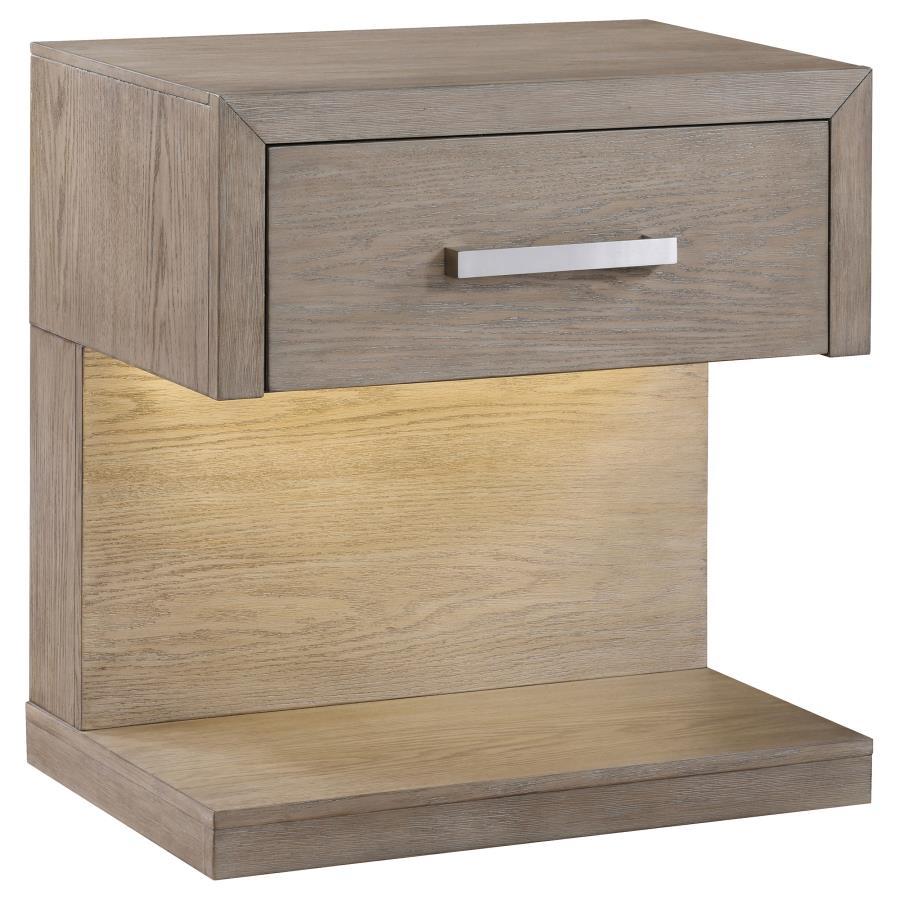 Kenora 1-Drawer Nightstand Bedside Table in Barley Brown – Modern LED Accent Lighting, Open Shelf for Books & Stylish Bedroom Storage