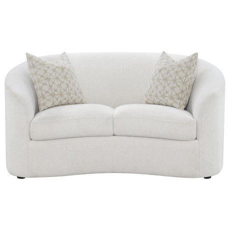 Rainn Boucle Upholstered Sloped Arm Loveseat – Latte, Mid-Century Modern Curved Seating with Plush Cushions and Stylish Black Legs