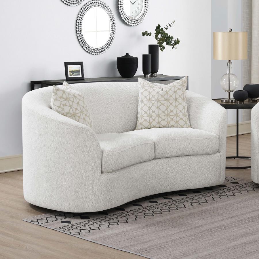 Rainn Boucle Upholstered Sloped Arm Loveseat – Latte, Mid-Century Modern Curved Seating with Plush Cushions and Stylish Black Legs