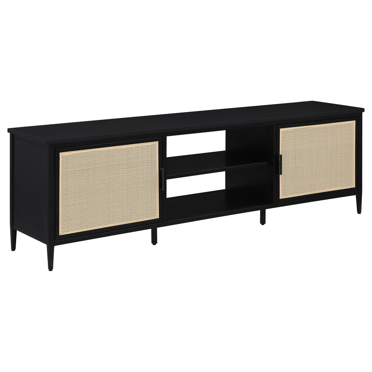 Amherst 70" 2-Door Metal TV Stand Media Console - Black | Modern Design with Rattan Front Doors, Open Shelving for Electronics & Cable Management