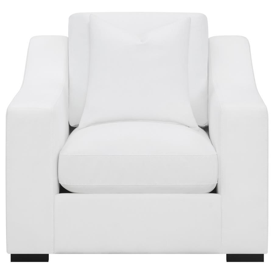 Ashlyn Upholstered Sloped Arm Accent Chair – White Trillium Fabric with Reversible Cushions & Cappuccino Finish Block Legs