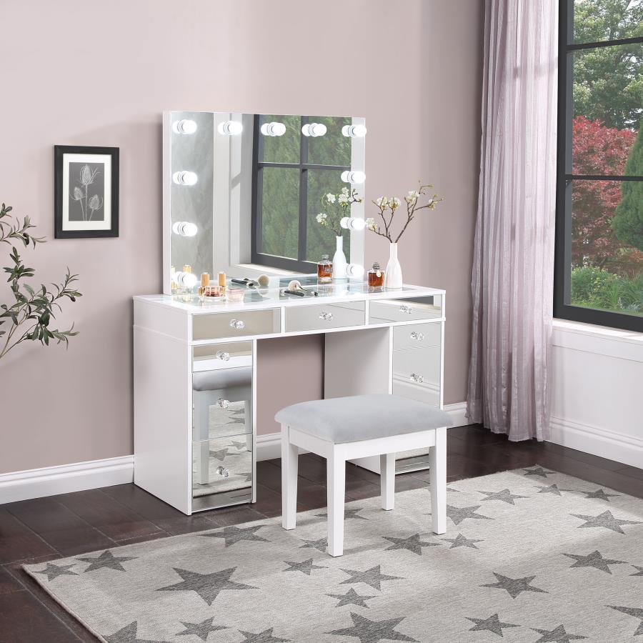 Regina Makeup Vanity Table Set with Lighting – White Finish, 9 Drawers, Mirrored Fronts, Crystal Knobs, Gray Upholstered Stool, Bedroom Vanity