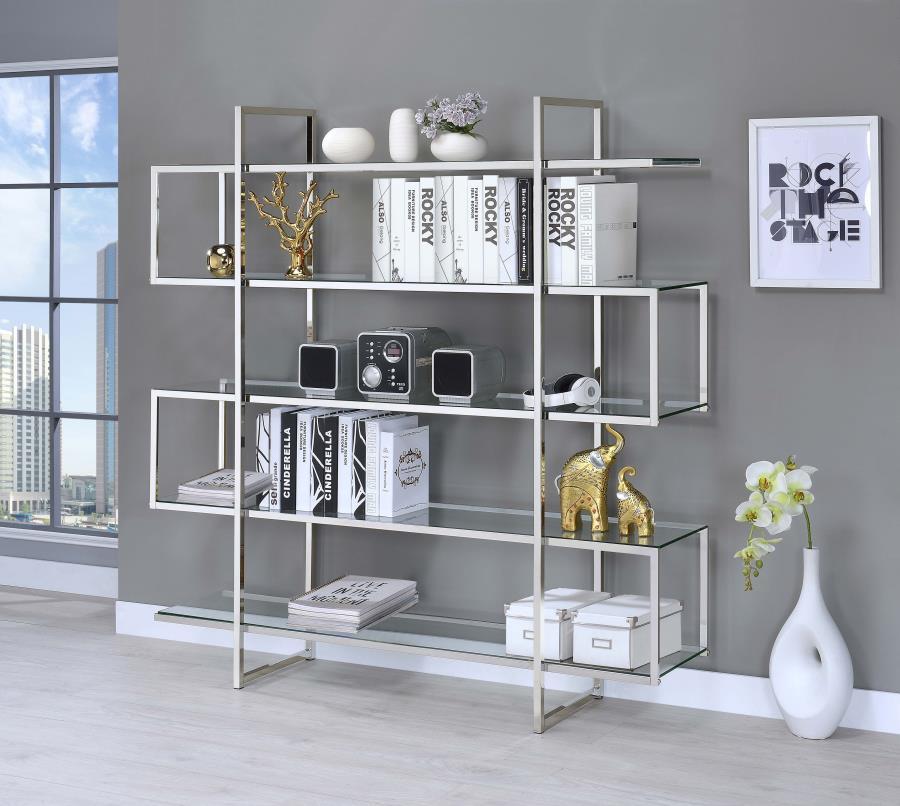 Elmer 5-Shelf Bookshelf – Modern Clear Tempered Glass and Chrome Steel Frame, Stylish Display Unit for Books, Décor, Photos, and Collectibles