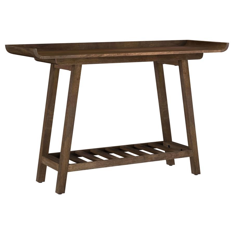 Ornelas Console Table in Solid Mango Wood with Tray-Style Top and Slatted Lower Shelf, Natural Mango Brown Finish for Entryway or Living Room