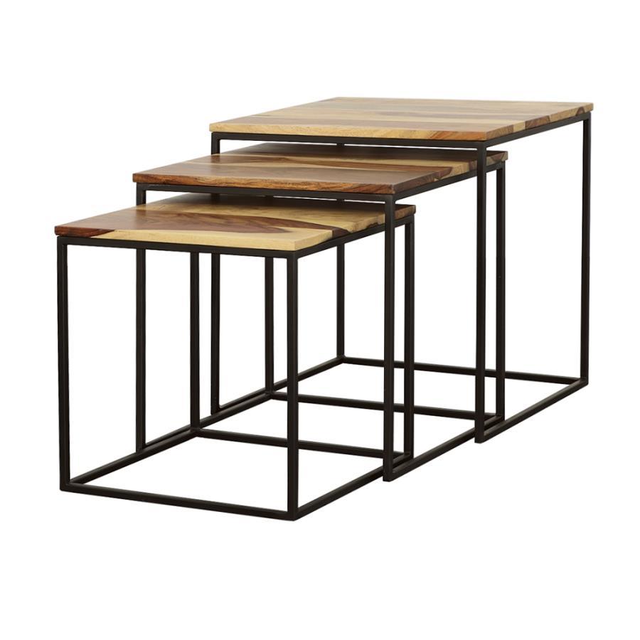Belcourt 3-Piece Square Nesting Tables – Industrial Rustic Accent Table Set in Natural Sheesham Wood and Black Iron for Living Room or Bedroom