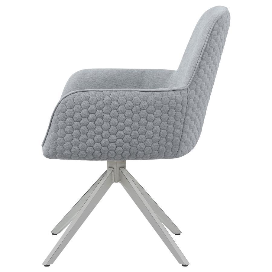 Abby Fabric Upholstered Swivel Dining Arm Chair in Light Gray, Mid-Century Modern Design, Honeycomb Quilted Exterior, Chrome 360° Swivel Base
